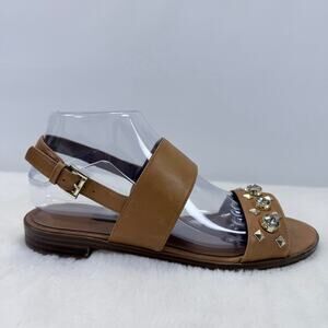 Nine West Brown Leather Crystal Studded Flat Sandals Women’s Size 7.5